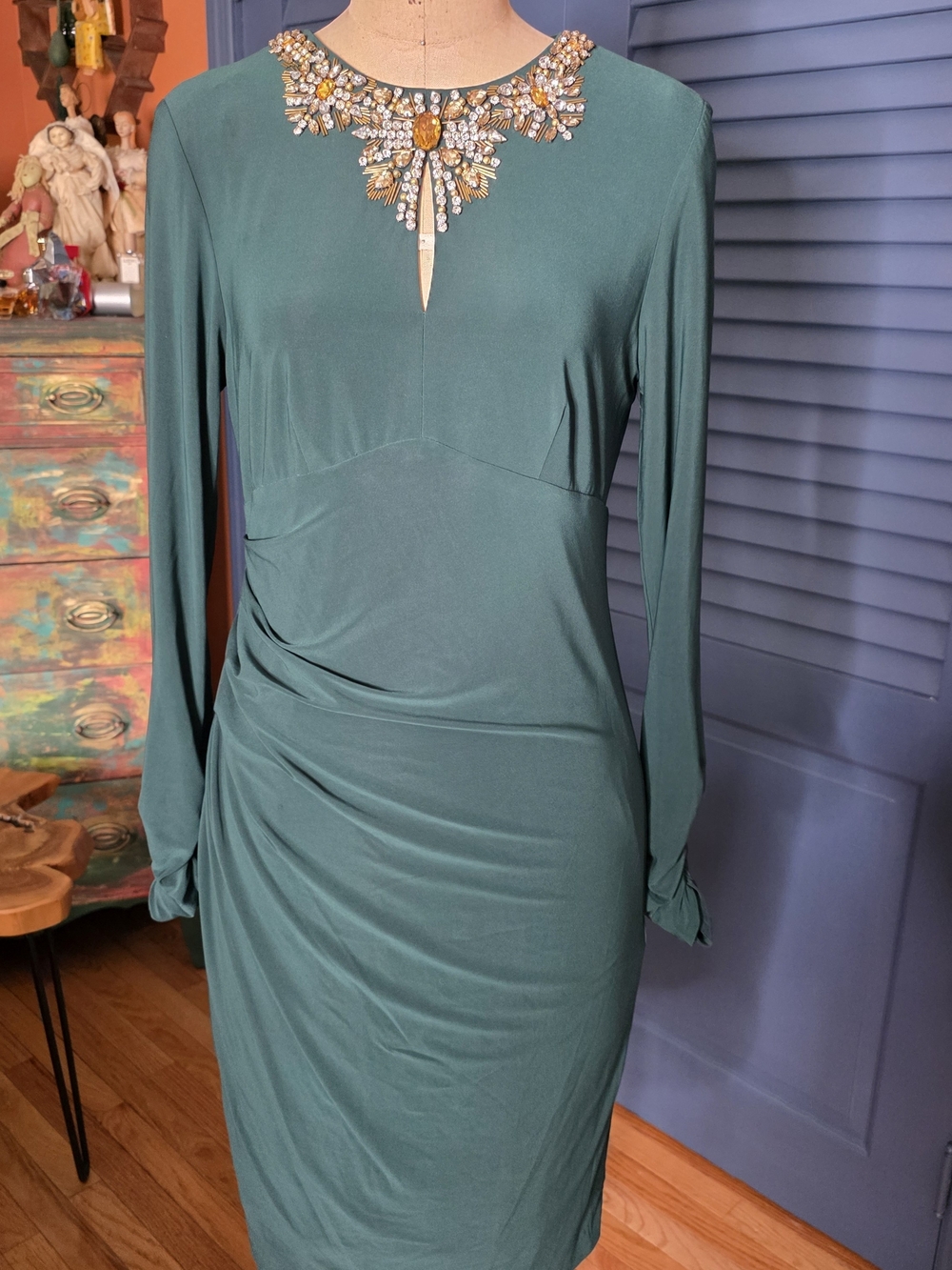 Vince Camuto Teal Long-Sleeve Jeweled-Neck Sheath Dress